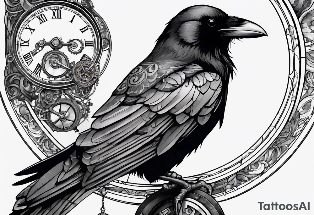 Raven sitting on a clockwork tattoo idea