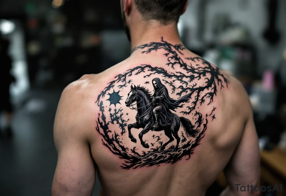 A full-back piece of a Grim Reaper riding a black horse under a stormy indigo sky. tattoo idea