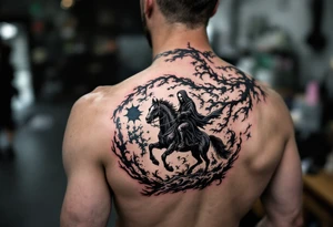A full-back piece of a Grim Reaper riding a black horse under a stormy indigo sky. tattoo idea