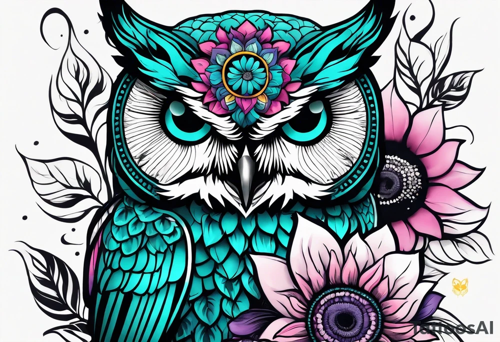 Leg Sleeve with black and white owl that's lightly shaded teal, pink and purple and yellow sunflowers tattoo idea