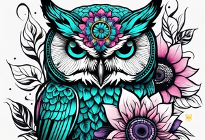 Leg Sleeve with black and white owl that's lightly shaded teal, pink and purple and yellow sunflowers tattoo idea