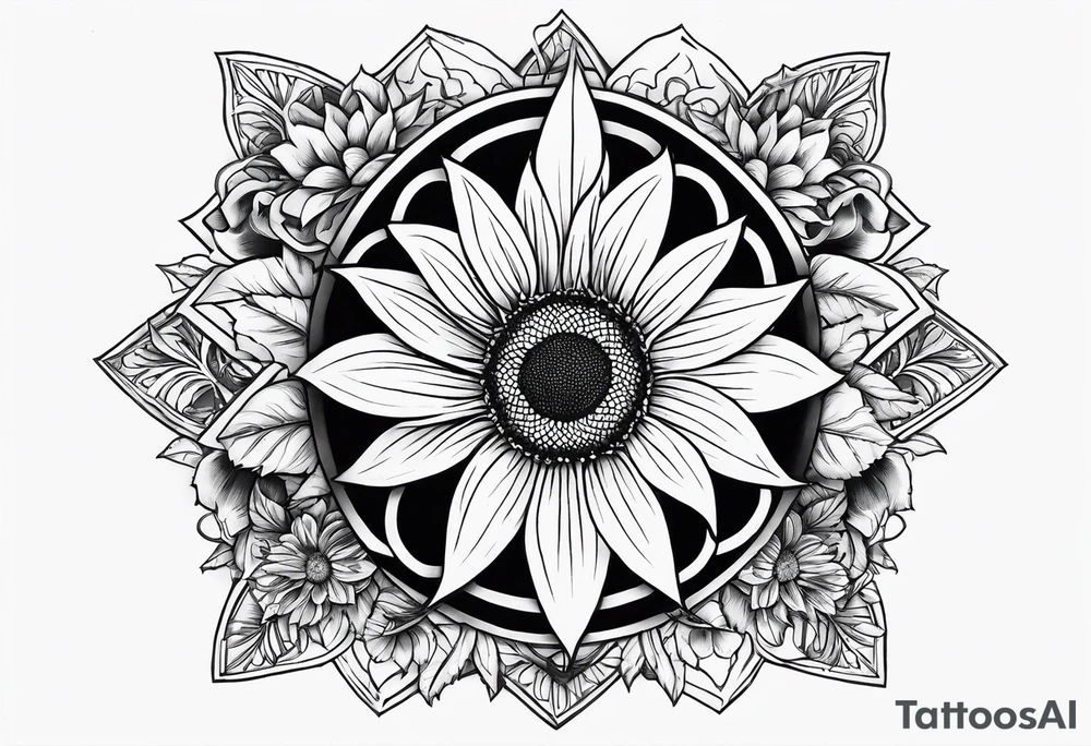 A central cross with the names Kyle Peter Lori on it with lighting a motorcycle and a sunflower around it tattoo idea