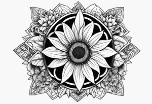 A central cross with the names Kyle Peter Lori on it with lighting a motorcycle and a sunflower around it tattoo idea