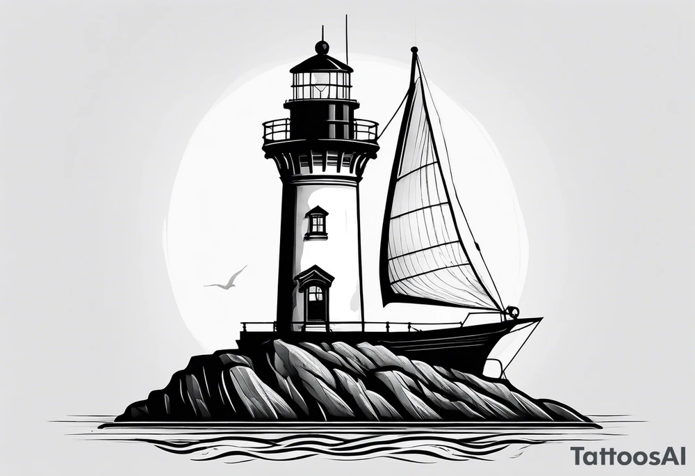 maritime lighthouse in a front view sailboat serving as a mast for a sail. tattoo idea