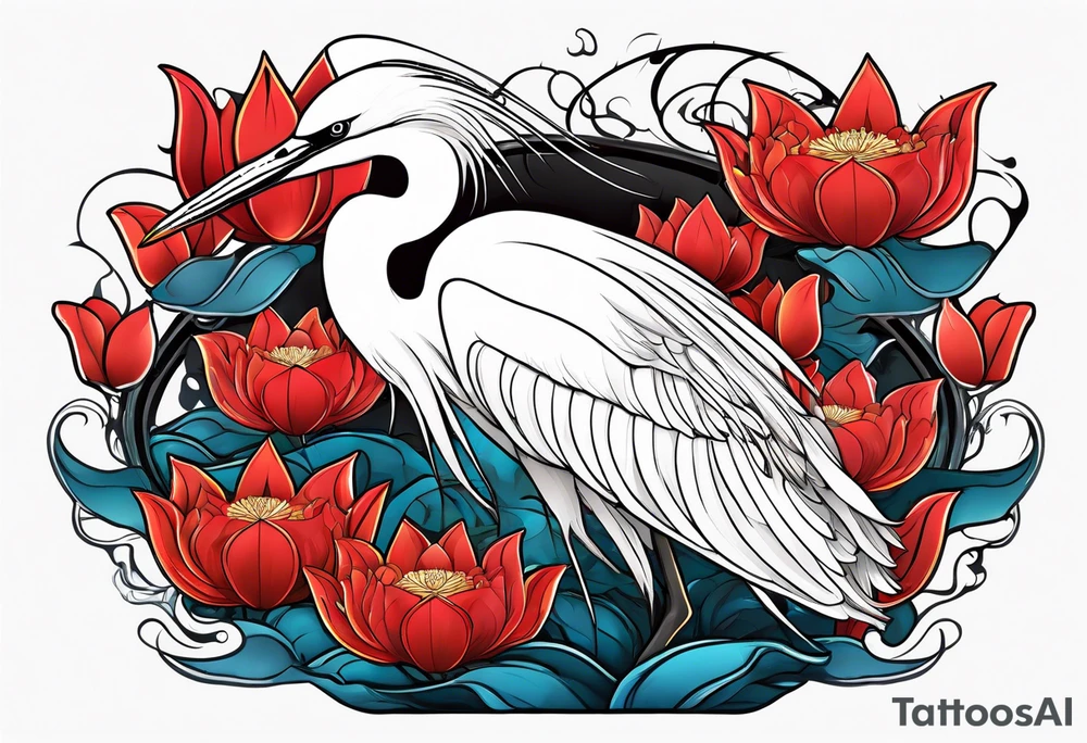 Egret and red lotuses tattoo idea