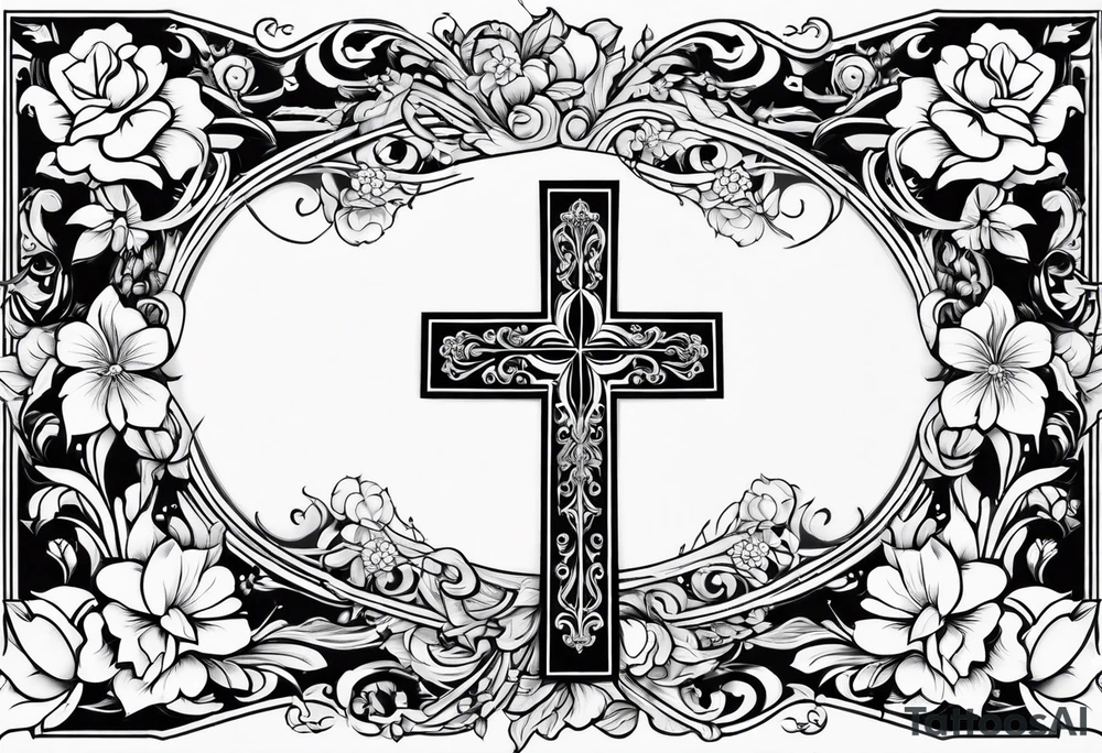 womens christian tattoo sleeve with flowers and a plain cross in the middle with clouds tattoo idea