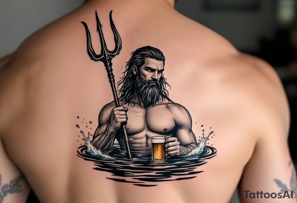 young, fit poseidon in calm water, behind a trident, holding a beer tattoo idea