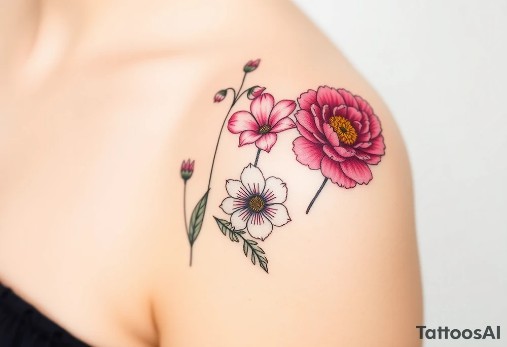 cosmos, lily of the valley, and chrysanthemum tattoo idea
