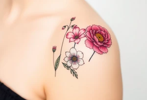 cosmos, lily of the valley, and chrysanthemum tattoo idea