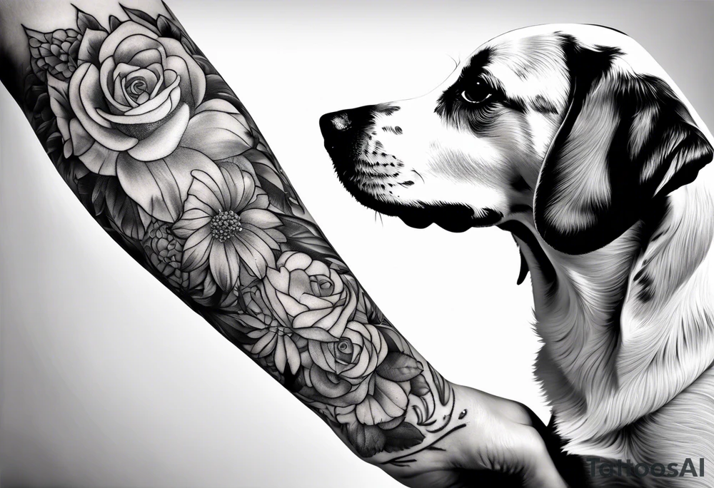 female dog reaching for hand of woman tattoo idea