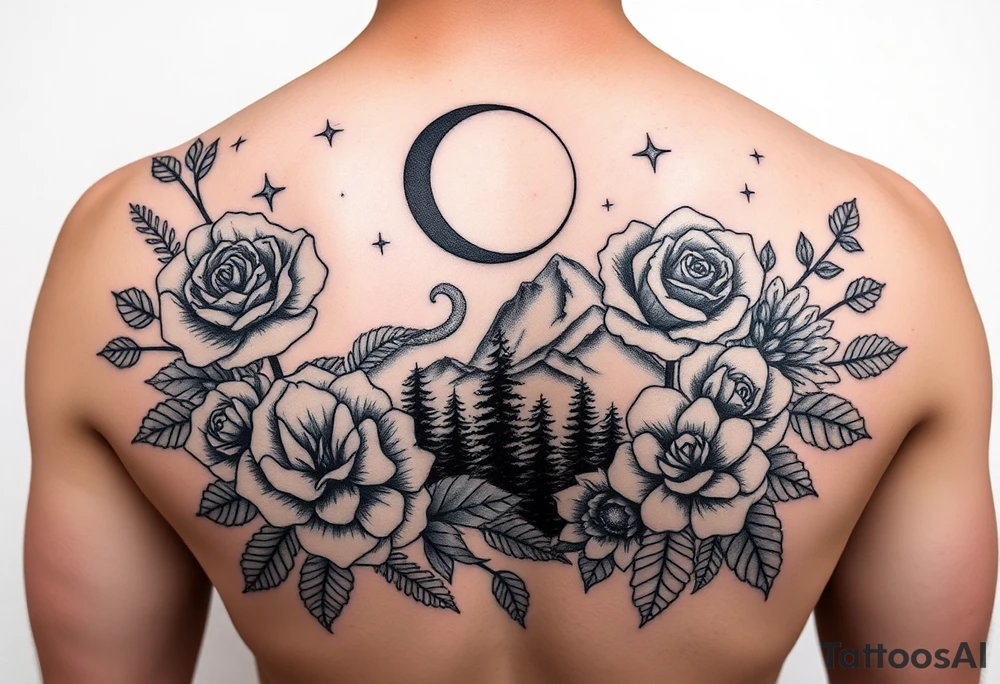 Unique artistic tattoo, with roses and wild flowers 
Crescent moon and stars mountains forests
Feminine tattoo idea