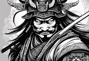 samurai with a hannya mask that covers half of his face who is in a slightly tilted posture holding a katana in an attack position tattoo idea