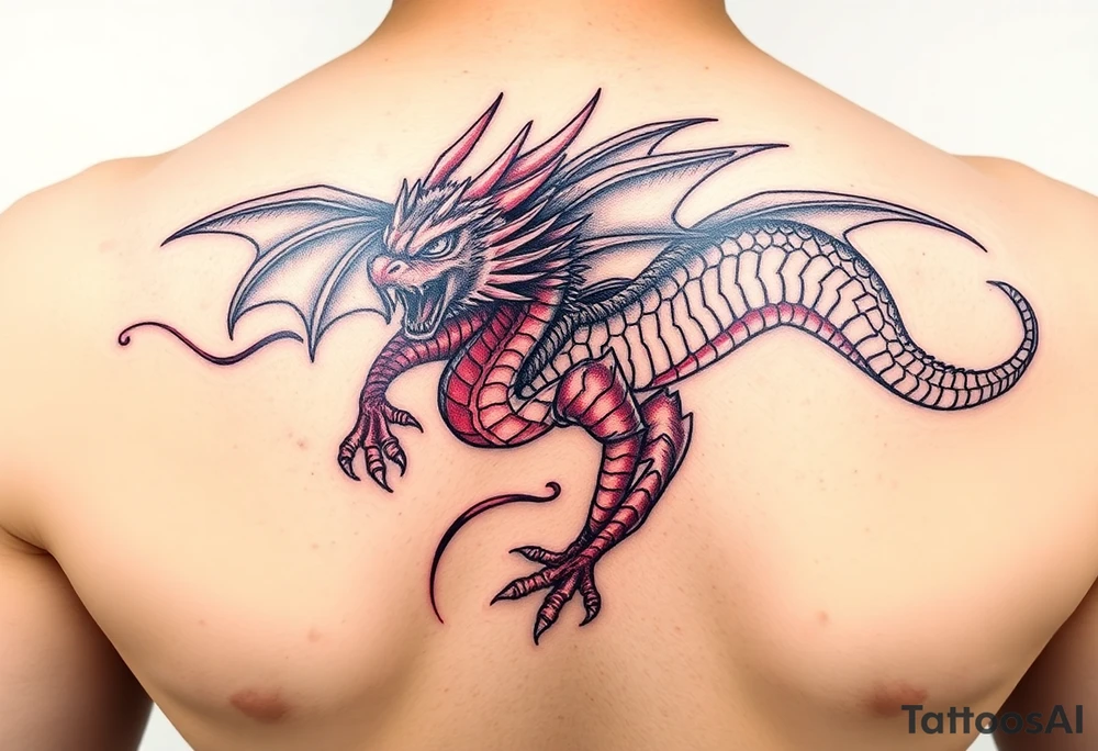powerful majestic dragon, no background, colour red and blue tattoo idea