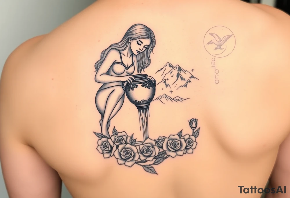 Beautiful female water bearer pouring an urn of water that flows into the Colorado mountain range into a small pool of water surrounded by roses tattoo idea