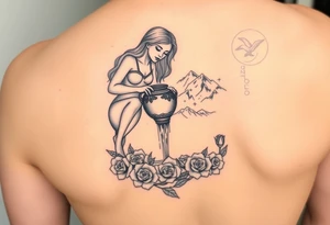 Beautiful female water bearer pouring an urn of water that flows into the Colorado mountain range into a small pool of water surrounded by roses tattoo idea