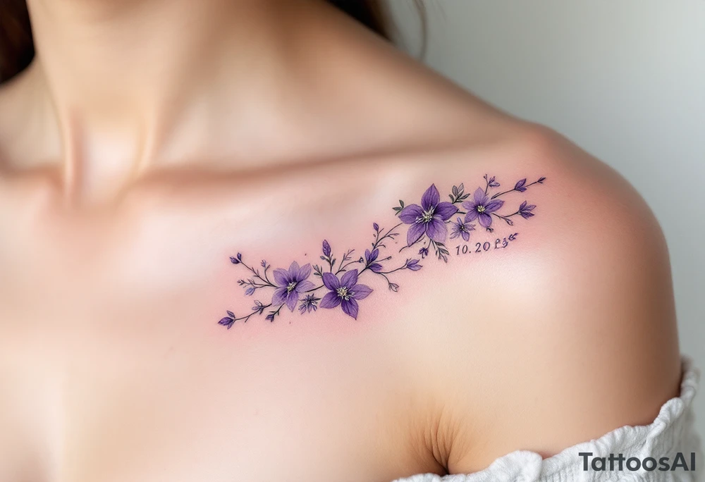 Hana 10. 02. 2019 – Soft violet and lilac flowers winding around Harper's birthdate, with subtle silver details. tattoo idea