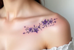 Hana 10. 02. 2019 – Soft violet and lilac flowers winding around Harper's birthdate, with subtle silver details. tattoo idea