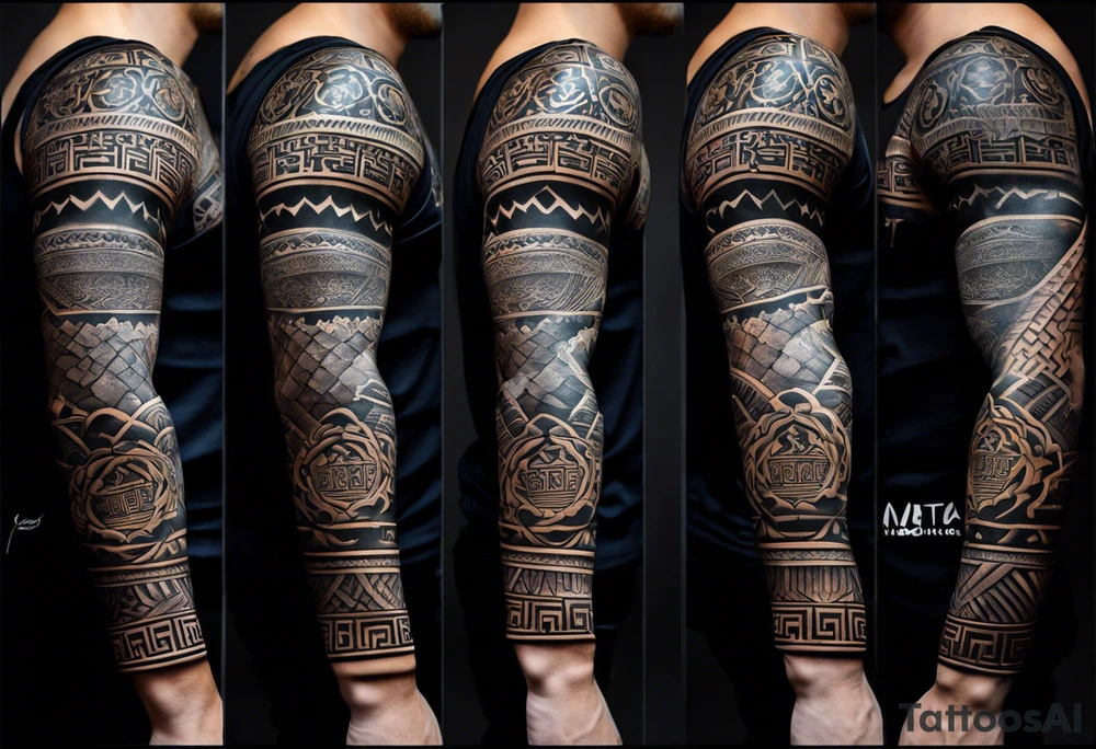 A full tattoo sleeve inspired by Greek mythology, designed with a strong, masculine aesthetic and dark shading to create bold contrasts. The sleeve features a central theme of ancient Greek symbols and deities, intricately woven together with a sense of power and order. The design incorporates an ordered mandala effect, with geometric patterns that add a sense of structure and balance, blending seamlessly with the mythological elements. Key figures like a fierce warrior, perhaps a Spartan or a gladiator, are depicted in dynamic poses, showcasing strength and bravery. Surrounding these figures, include elements like a laurel wreath, the eye of a Greek god, or a shield and spear, all rendered in dark, intense shading to highlight their significance. The mandala patterns serve as a backdrop, providing a structured, almost architectural feel that contrasts with the organic forms of the mythological characters. The overall look is dark, powerful, and deeply symbolic, capturing the essence of ancient Greek heroism and mythology in a way that resonates with a strong, masculine energy tattoo idea
