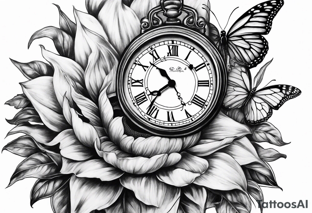 Sleeve with clock, sunflower and butterfly tattoo idea