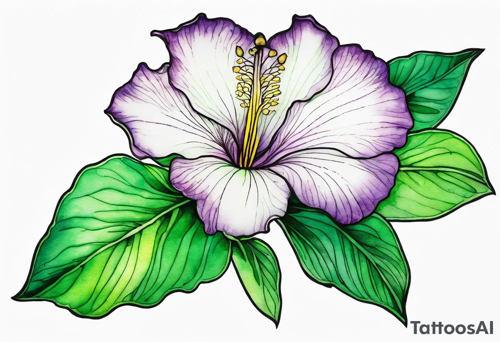 An outline of a green rio dipladenia flower and a green/purple watercolor streak in the background tattoo idea
