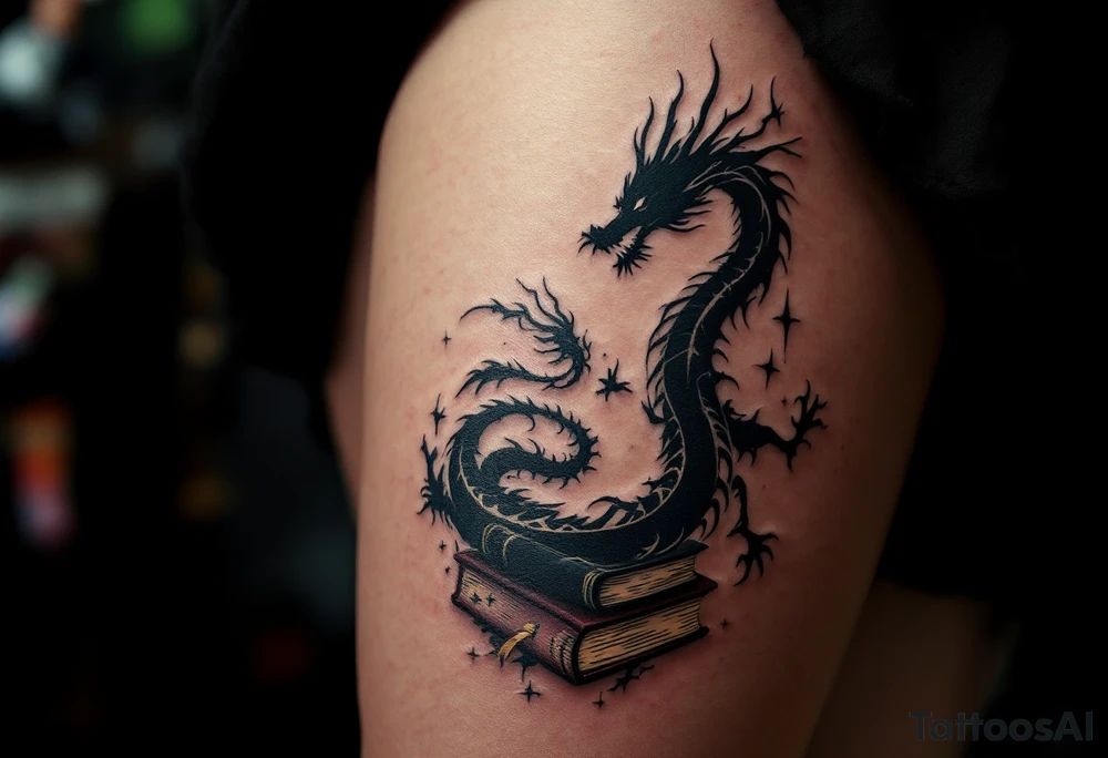 Book with a Dragon's Shadow – A thick dark red tome with an embossed dragon symbol on the cover, while a faint black and gray dragon silhouette rises from the pages like a guardian of ancient knowledge. tattoo idea
