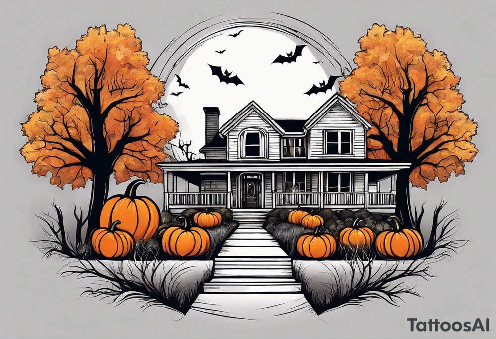 Midwestern street in fall with Halloween pumpkin tattoo idea