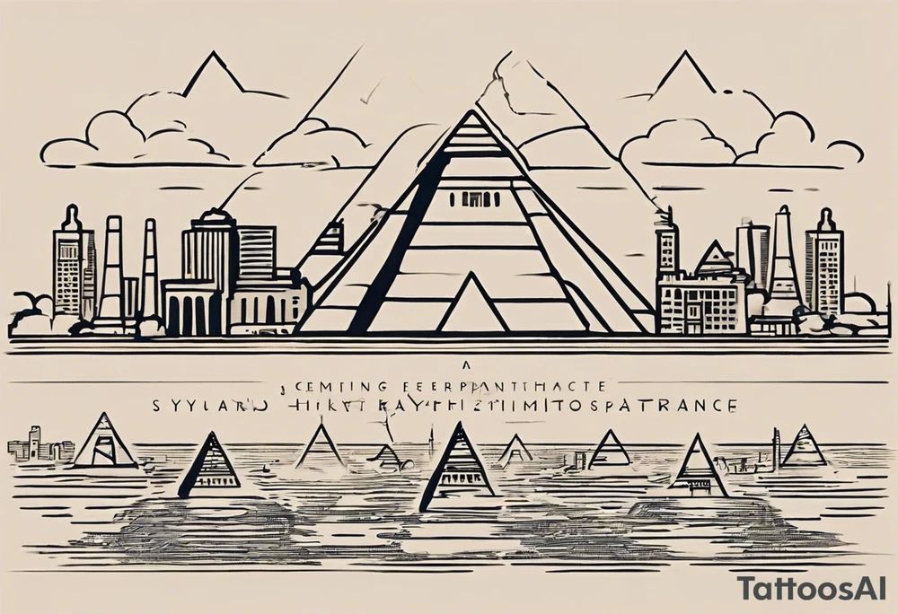 Craft a concise yet powerful tattoo that blends the Pyramids of Giza with the Manhattan skyline as the backdrop, seamlessly integrating the Nile River with the Hudson River. Keep it simple, focusing on key elements like pyramid silhouettes and iconic skyscrapers, allowing the rivers to converge naturally. Opt for a balanced composition with minimal detailing, capturing the essence of your Egyptian heritage alongside your life in New York tattoo idea