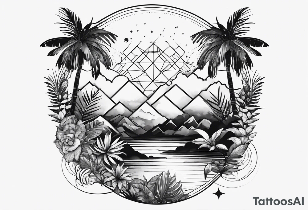 minimalistic line art design of space and jungle tattoo idea