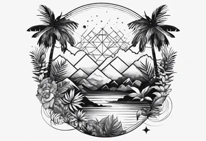 minimalistic line art design of space and jungle tattoo idea