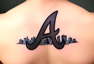 Atlanta Braves letter logo “A” overlapping the Atlanta skyline in the back on the middle. The buildings are concise and jam packed parallel to the logo. tattoo idea
