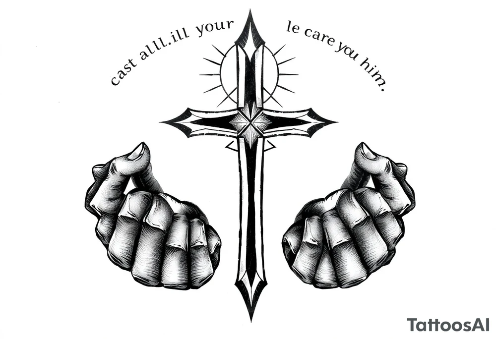 cast all your anxiety on him because he cares for you" with a cross and hands tattoo idea