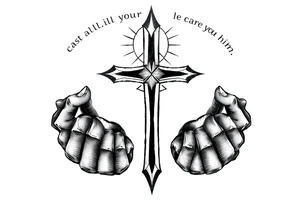 cast all your anxiety on him because he cares for you" with a cross and hands tattoo idea