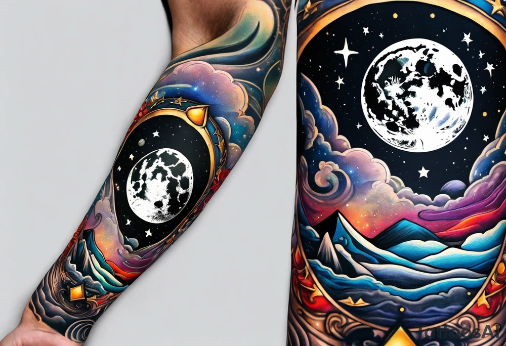 man on the moon space theme arm sleeve tattoo idea