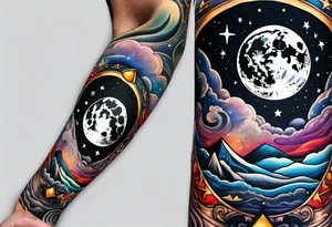 man on the moon space theme arm sleeve tattoo idea