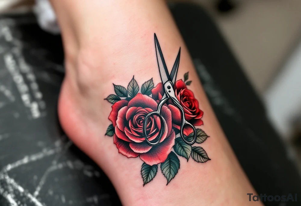Scissors with Roses Tattoo – A pair of silver scissors cutting through roses with deep red petals and green leaves, symbolizing the balance of beauty and precision, with delicate detailing in black and gray. tattoo idea