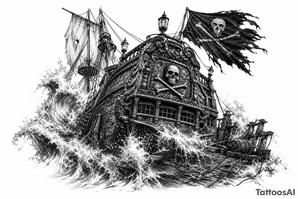 Detailed pirate ship stern, waves crashing over deck, tattered Jolly Roger flag. tattoo idea