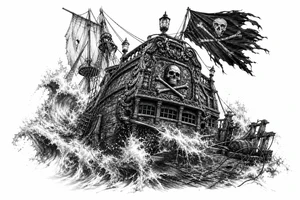 Detailed pirate ship stern, waves crashing over deck, tattered Jolly Roger flag. tattoo idea