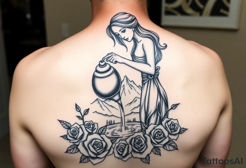 Beautiful female water bearer pouring an urn of water that flows into the Colorado mountain range into a small pool of water surrounded by roses tattoo idea
