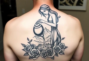 Beautiful female water bearer pouring an urn of water that flows into the Colorado mountain range into a small pool of water surrounded by roses tattoo idea