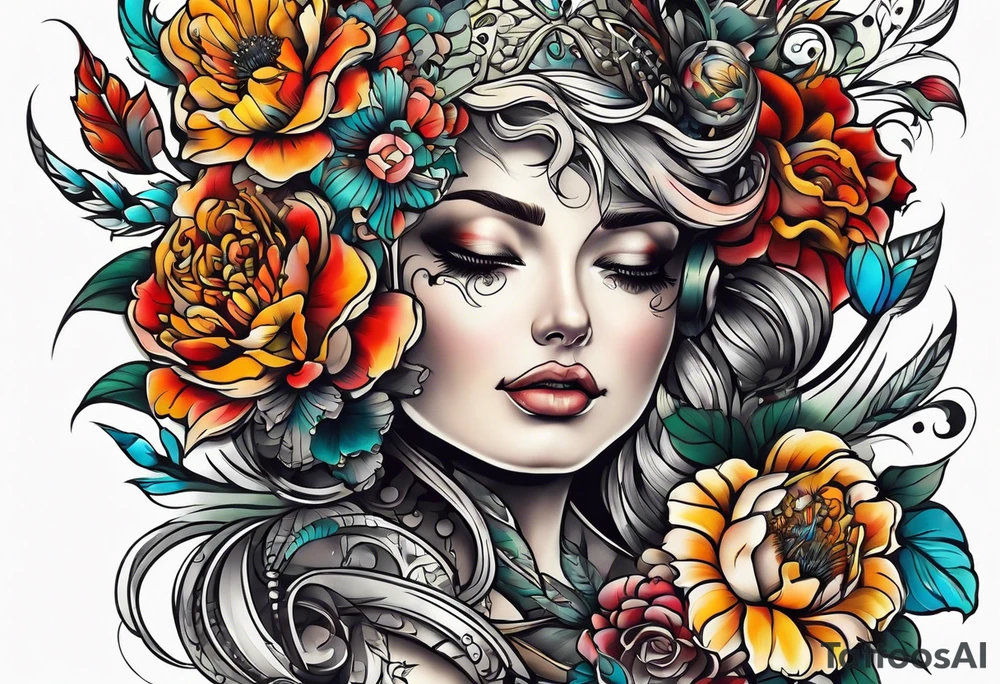 vintage colorful floral print tattoo idea