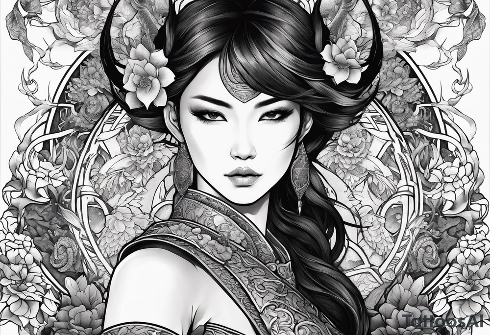 beautiful warrior woman wearing dragon armor and a floral background and a dragon tattoo idea