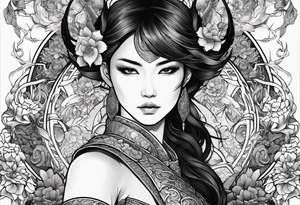 beautiful warrior woman wearing dragon armor and a floral background and a dragon tattoo idea