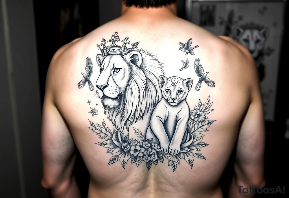 powerful majestic lion and cub with a crown, surrounded by floral ornaments and birds tattoo idea