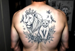 powerful majestic lion and cub with a crown, surrounded by floral ornaments and birds tattoo idea
