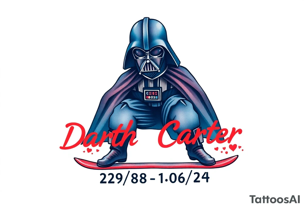 blue and red Skateboarding TALL Darth Vader
WORDS in star wars font "Darth Carter"
12/29/88-01/06/24 tattoo idea
