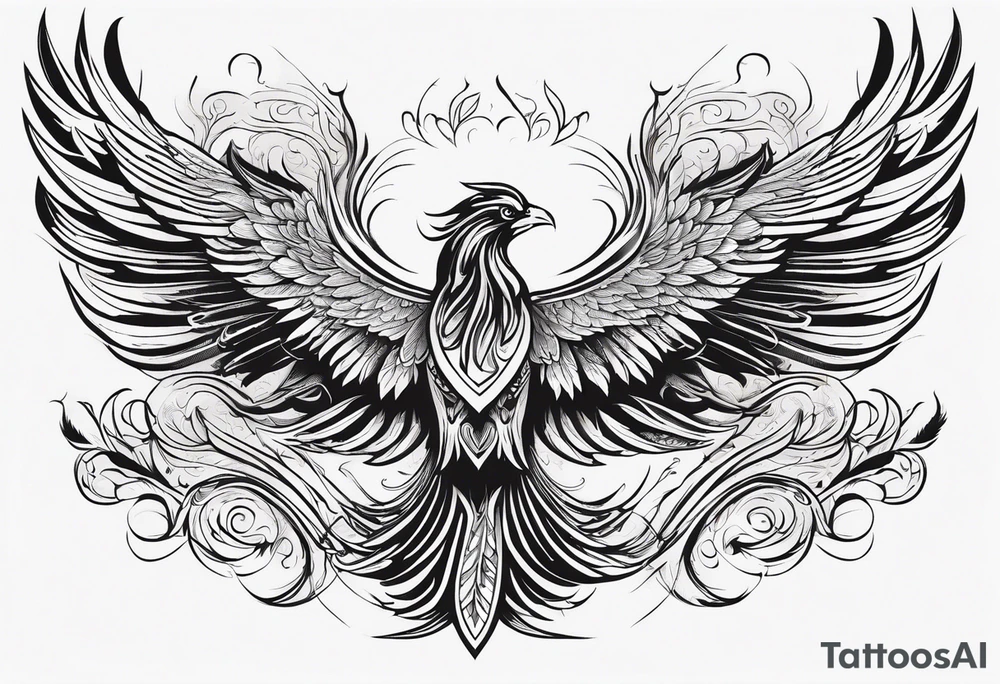 Tattoo: A powerful, majestic phoenix, depicted mid-flight or rising, with wings extended and feathers flowing. Deep shading and intricate details to bring out the texture and motion of the feathers. tattoo idea