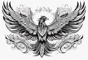 Tattoo: A powerful, majestic phoenix, depicted mid-flight or rising, with wings extended and feathers flowing. Deep shading and intricate details to bring out the texture and motion of the feathers. tattoo idea