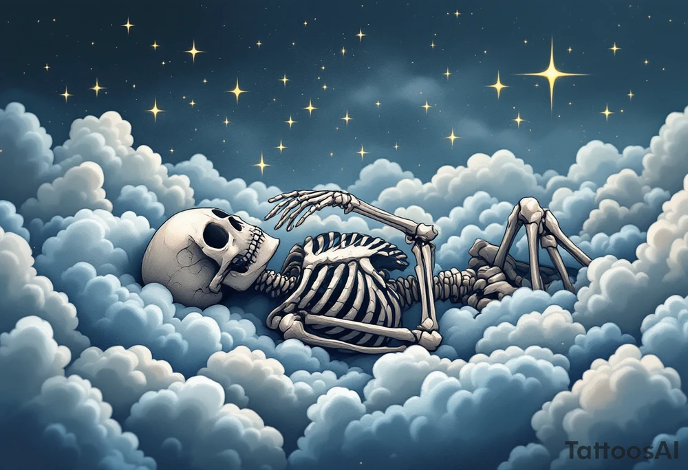 Tim Burton’s dreaming skeleton lies in a field of gray-blue clouds and faintly glowing stars. tattoo idea
