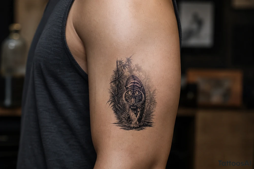 Hyperrealistic tiger emerging from a dense, misty jungle, close-up, dramatic lighting. tattoo idea