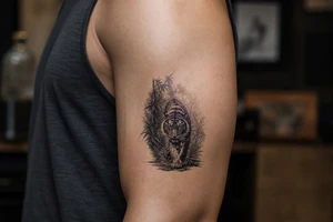 Hyperrealistic tiger emerging from a dense, misty jungle, close-up, dramatic lighting. tattoo idea